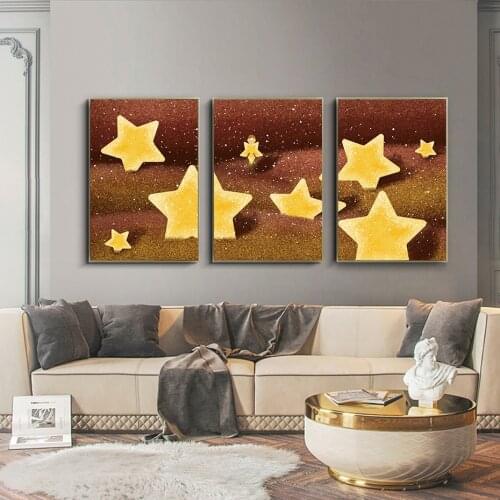 Golden Stars Wall Posters Canvas Prints for Kids Room Cartoon Pictures Art Paintings Baby Nursery Bedroom Murals Home Decor