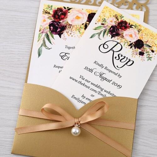 100pcs Gold New Arrival Horizontal Laser Cut Wedding Invitations with RSVP card,pearl ribbon,CW25001B,Customizable