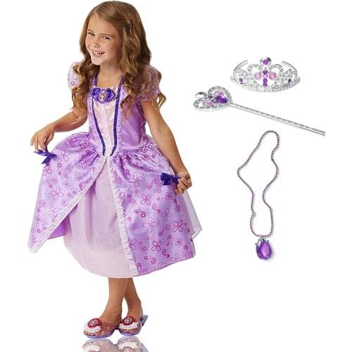 Girls Princess Sofia Dress Children Cosplay Costume Short Puff Sleeve Ball Gown Kids Floral Halloween Party Summer Fancy Dresses