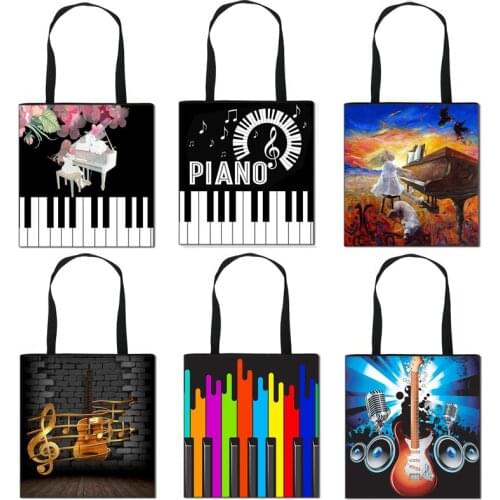 Piano Guitar Print Casual Tote Music Women Shoulder Bag Ladies Handbag Canvas Large Capacity Shopping Bag Female Travel Bags