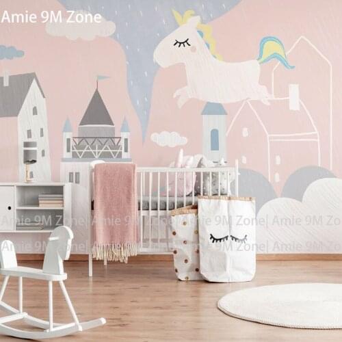 Pink and white dream flying horse for girls kid room wallpaper mural wall art on wall discount free shipping for most countries