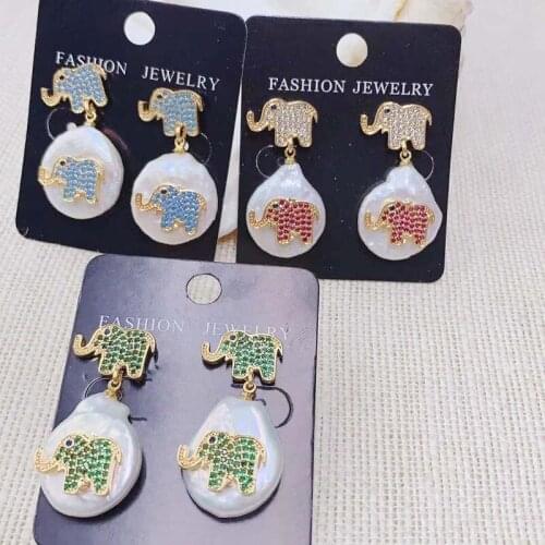New Fashion Personality Vintage Crystal Elephant Nutral Freshwater Pearl Drop Earrings Copper Gun black Plated 3pairs