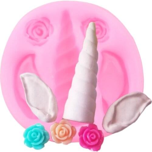 Unicorn Horn Ears Silicone Mold Rose Flower Cupcake Topper Fondant Cake Decorating Tools Candy Clay Chocolate Gumpaste Moulds