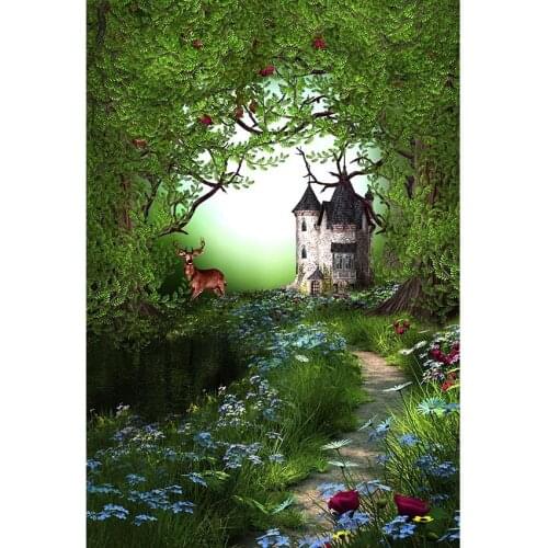 Fairy Tale World Photography Background Retro Castle Brown Elk Colourful Flowers Green Trees And Glass Backdrop For Baby Shower