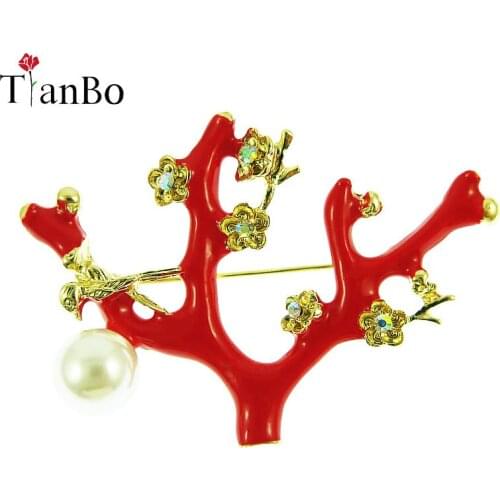 TianBo Gold Color Austrian Crystal AB Plum Blossom Branches Design Brooch Imitate Pearls Broche Vintage Pins and Brooches