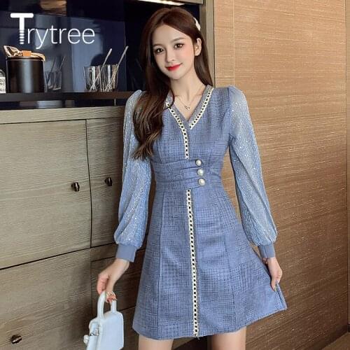 Trytree 2021 Spring Autumn Womens Dress Casual Faux Suede V-neck Patchwork Shinny Puff Sleeve Elegant Office Lady Mini Dress