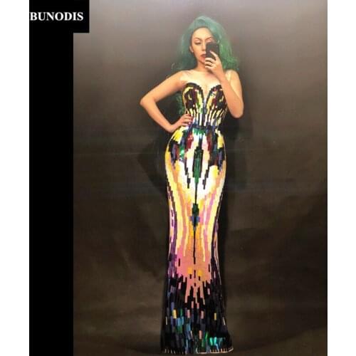 ZD233 Women Sexy Long Skirt Sleeveless Full Of Colors Paillette Nightclub Party Performance Bodysuit Stage Wear Costume