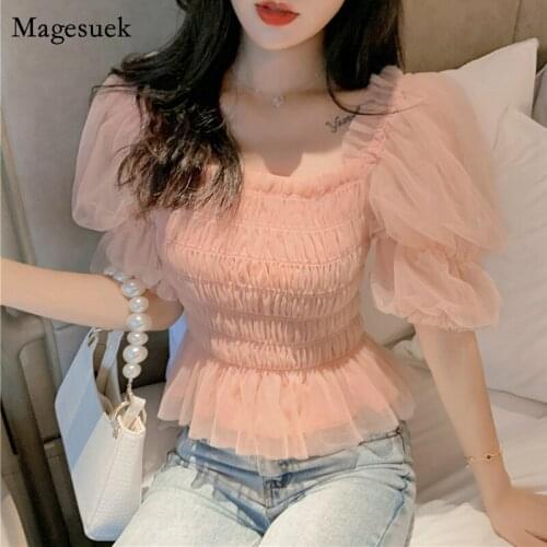 Summer New French Off Shoulder Blouse Pleated Waist Puff Sleeve Thin Short Clothes Elegant Mesh Women Tops Blusas Mujer 10026