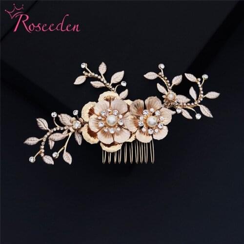 Gold Flower Rhinestone Bridal Hair Comb Hair Accessories For Wedding Party Prom Hair Jewelry RE3929
