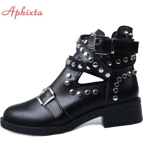 Aphixta Rivets Black Ankle Women Boots Faux Leather Booties Metal Buckle Straps Square Heel Studded Woman Boots Motorcycle Shoes