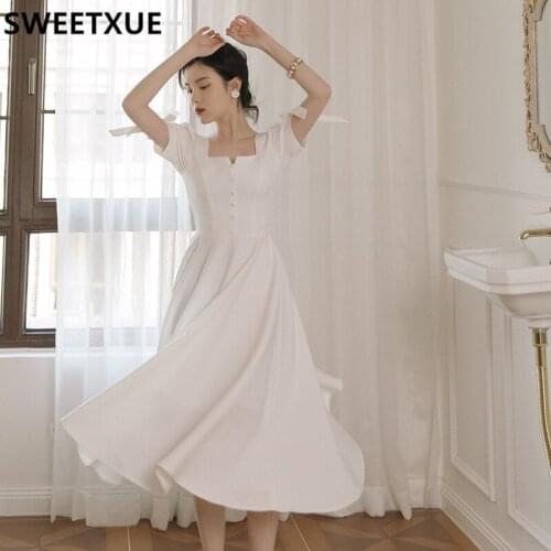 SWEETXUE 2021 Summer New Retro French Square Neck White Dress Fairy Party Elegant Sweet Chic Female Vestido Mujer