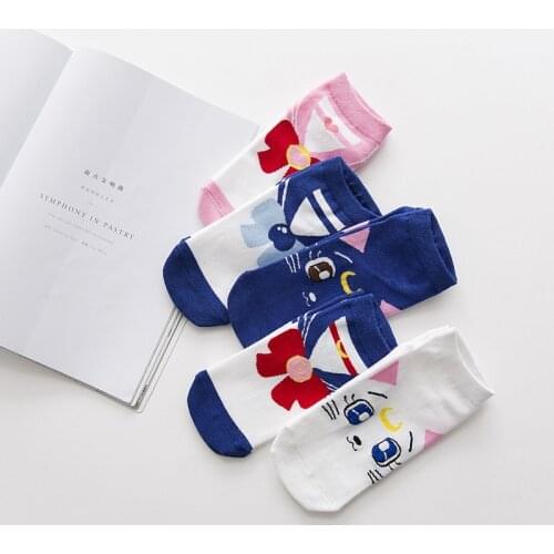 5 Pairs/Lot Kawaii Cartoon Socks Women Cute Sweet School Uniform Cat Moon Socks Candy Color Happy Funny Warrior Pink Socks Gifts