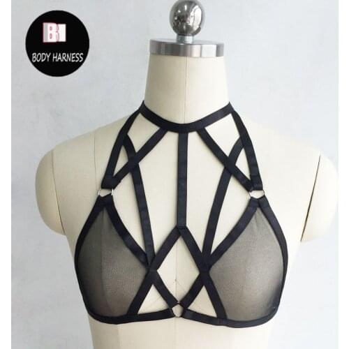Black chiffon women body harness top Binding sexy lingerie Handmade adjustable gauze cage harness bra bondage lingerie harness