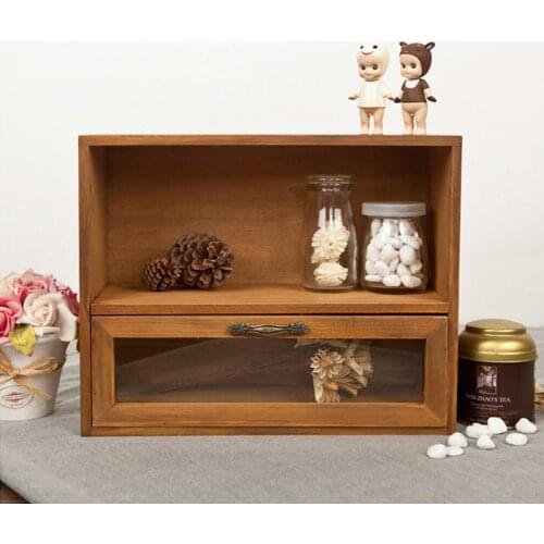 Wood Cabinet Box Organizer Storage Glass Drawer Vintage Finishing Storage Retro Finishing Storage Box 30x12x24cm Home Storage WF