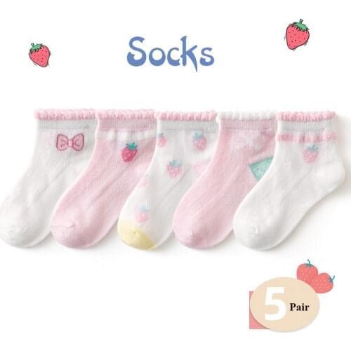 Childrens Socks 5Pairs Mesh Girls Lace Strawberry Socks Cotton Baby Socks Breathable Sock For Girls Boys Cartoon Cars Dinosaur