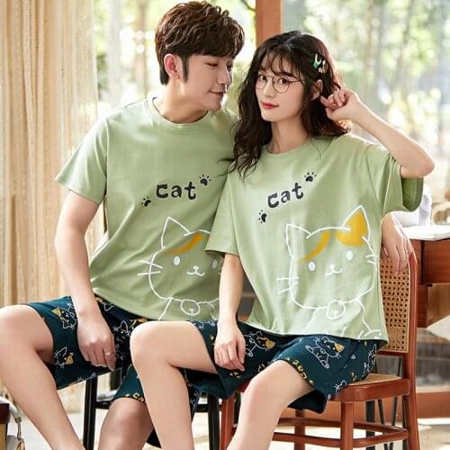 O-Neck Homewear Cotton Couple Pajamas Set Cartoon Cats Short Sleeve Sleepwear For Women And Men Summer Leisure Couple Plus Size