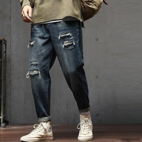 Retro Casual Jeans Mens Loose Ripped Hip Hop Blue Cool Stretch Slim Elastic Denim Pants Male High Quality Jeans