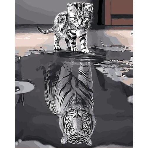 Reflection Cat Animal DIY Digital Painting By Numbers Modern Wall Art Canvas Painting Unique Gift Home Decor 40x50cm