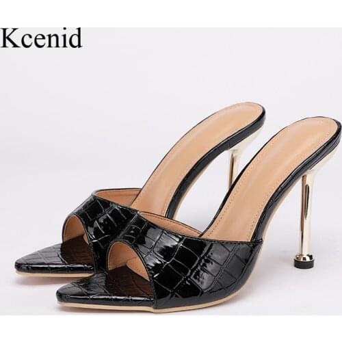 Kcenid Sexy Snakeskin Women Slippers Mule High Heels Slippers Sandals Flip Flops Pointed Toe Slides Party Shoes Woman Size 35-42