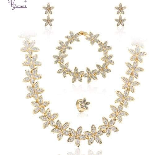 Kfvanfi New Model Flowers Shiny Rhinestone Gold Silver Color Necklace Sets Bracelet Ring Earrings Jewely Sets For Women Gift