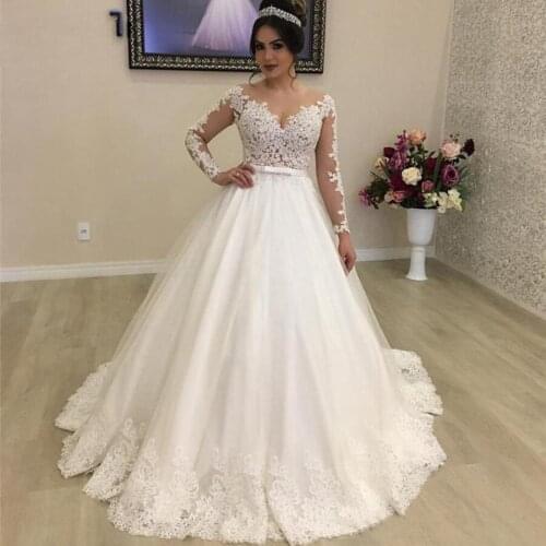 Sheer Neck Illusion Back Appliques Lace Princess Wedding Dresses Long Sleeves Ball Gown Country Bridal Gowns vestido de noiva