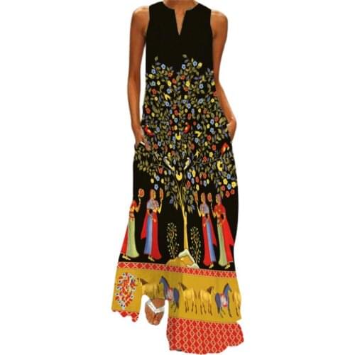 Summer Women Dress Sleeveless Digital Print V Neck Pockets Loose Maxi Dress for Party