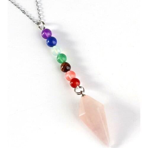 Trendy-beads Silver Plated Rose Pink Quartz Hexagon Pyramid 7 Stone Beads Chain Pendant Necklace Charm Jewelry