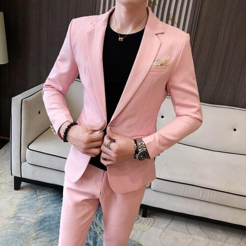 Mens Spring and Autumn Pure Color Business Suit Jacket/Mens Slim Casual Suit Two-piece Grooms Wedding Dress (Jacket + Pants)