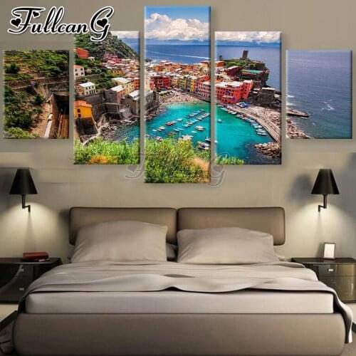FULLCANG Seaside town scenery diy 5 piece diamond painting full square round drill mosaic embroidery kit home decor FC2394
