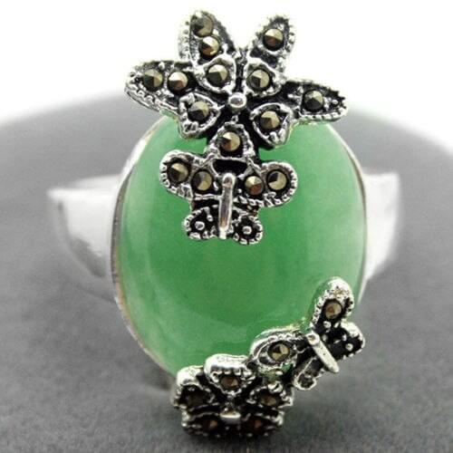 925 Sterling Silver Flower Marcasite Natural Green Ring Sz 7/8/9/10