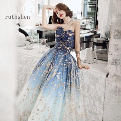 2020 New Gradient Prom Dresses With Gold Printed Tailored Neckline Formal Evening Dress Vestido Formatura