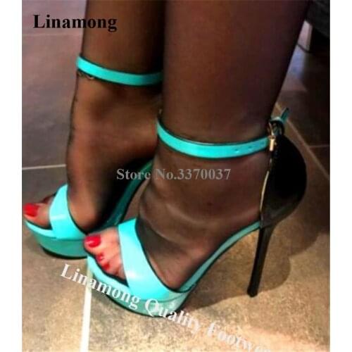 New Design Sexy High Platform Patchwork Stiletto Heel Sandals Blue Yellow Red Ankle Strap Buckle High Heel Sandals Dress Heels