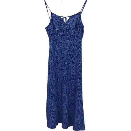 ElfStyle Viscose 100% Sexy Polka Dot Spaghetti Strap Midi Dress Features Drawstring Detail - Women Dark Blue/Purple/Green Dress