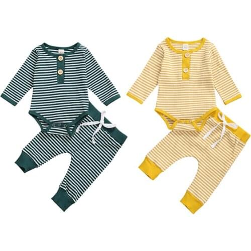 0-24M Newborn Baby Boys Girls Striped Clothes 2Pcs Long Sleeve Romper+ Pants Autumn Comfortable Outfit