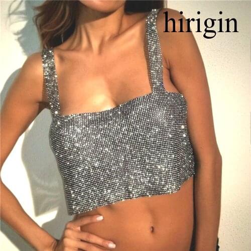 Adjustable Tees Club Women Party Tank Tops Metal Mesh Strap Sheath Draped Spark Diamonds Neck Halter Backless Sexy Pullover