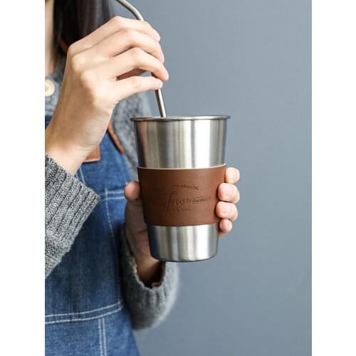 Nordic simple stainless steel ceramic with cover leather heat insulation water tea coffee milk cup handy Japanese drinkware