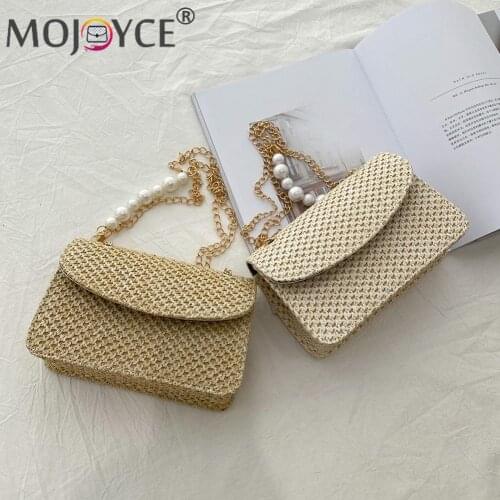 2021 Summer Women Handbags Woven Pure Color Messenger Beach Pearl Chain Small Elegant Ladies Handbag Shoulder Bag