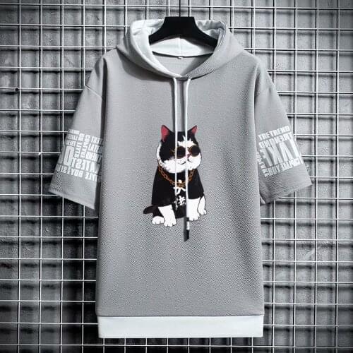 Japan Style Mens Hoodies Fashion Streetwear Half Sleeve Hooded Sweatshirts Men Casual Harajuku Trend Prints Men Clothing Hoodie