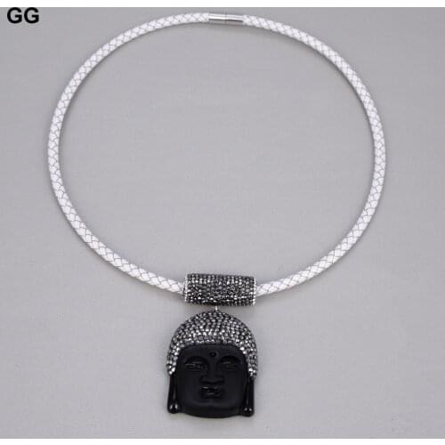 GuaiGuai Jewelry 19" Black Jasper Buddha Pendant White Leather Necklace For Women