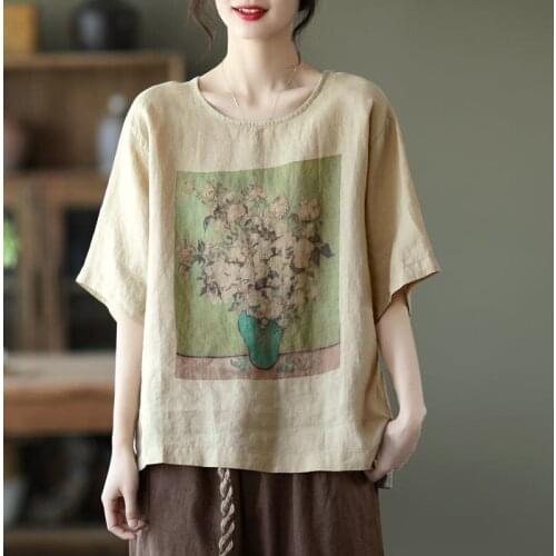2021 Summer New Retro Printed Cotton and Linen T-shirt Womens Short-sleeved Loose Large Size Thin Round Neck Small Shirt Top