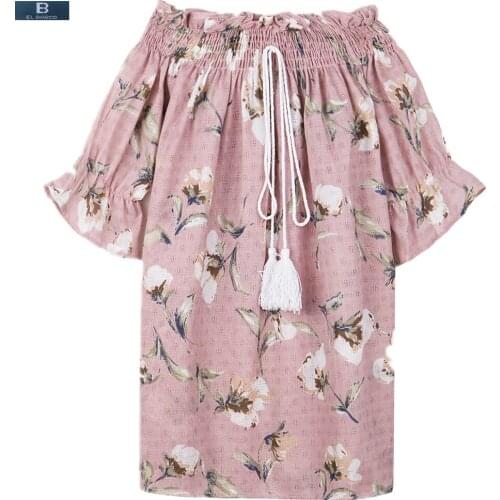 [EL BARCO] Cotton Linen Summer Women Chiffon Blouse Shirts Floral Print Slash-Neck Tassel Blue Pink Female Casual Tops Camisa