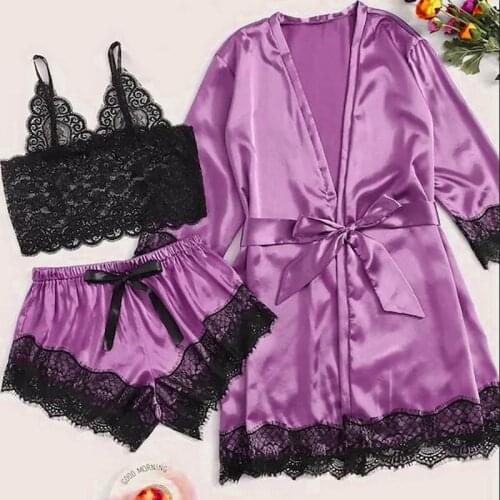 Fast Delivery Long sleeve Womens Pajamas Sexy Lace Lingerie Nightwear Underwear Sleepwear 3PC Suit Pajama Sets For Women 2021