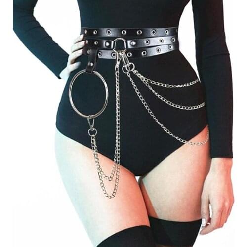 Female Leather Skirt Belts Punk Gothic Rock Harness Waist Metal Chain Body Bondage Hollow Belt Accessories For Lady