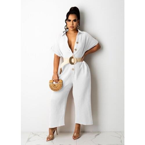 RMSFE 2021 Womens Short Sleeve Lapel Fashion Solid Color Casual Loose One Piece Pants Jumpsuit