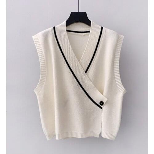New Women Vest Simple All-match Patchwork Korean V-neck Knitted Sweater Leisure Student Sleeveless Female Vintage Vest s1089