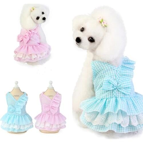 1PCs Fashion Puppy Dog Sweet Dress Spring And Summer Plaid Lotus Leaf Blue Pink Dog Skirt Pet Clothes Dresses Pets Supplies