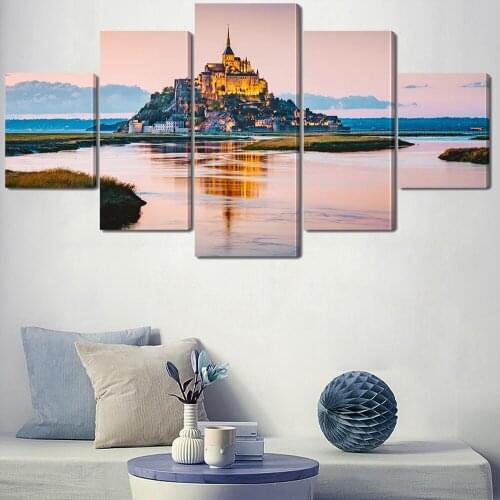 5 Pieces Wall Art Canvas Painting Sunset Landscape Poster Castle Center Of The Lake Modern Living Room Home Decoration Pictures