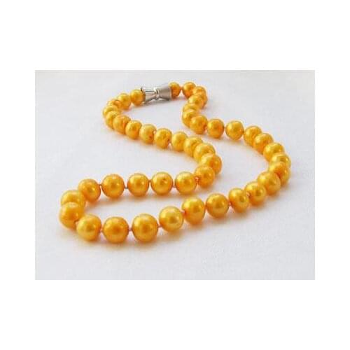 FREE SHIPPING>>> 17" real nature gold freshwater pearl everyday bib necklace 9-10mm magnet clasp