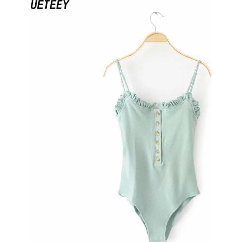 Summer Womens Bodysuits Button Ruffles Spaghetti Strap Tops Female Short Jumpsuits Skinny Fit Rompers Playsuit Green Pink Sexy