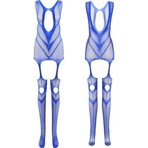 Women Fishnet Bodysuit Open Crotch Lingerie See-through Mesh Bodystocking Hollow Out Sleeveless Crotchless Bodysuit Nightwear